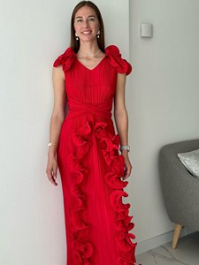 Vestido Longo Sem Manga Babado Decote Redondo Valentina