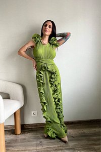 Vestido Longo Sem Manga Babado Decote Redondo Valentina