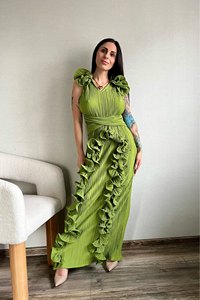 Vestido Longo Sem Manga Babado Decote Redondo Valentina