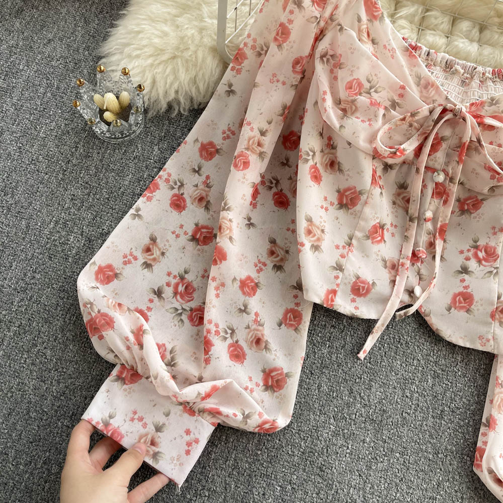 Cropped Manga Longa Floral Amarração Amélia