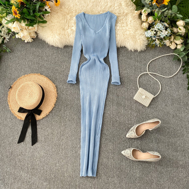 Vestido Longo Manga Longa Decote V Helena