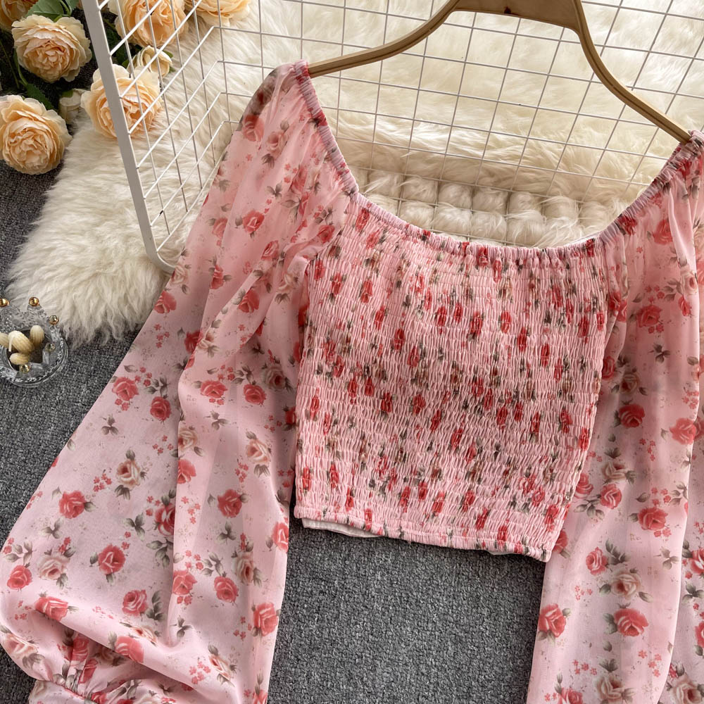 Cropped Manga Longa Floral Amarração Amélia