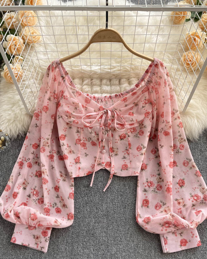 Cropped Manga Longa Floral Amarração Amélia