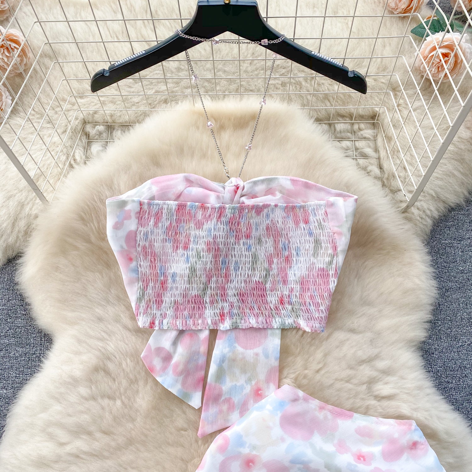 Conjunto Cropped Floral Amarração Saia Longa Athena