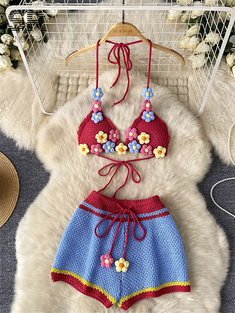 Conjunto Cropped Alça Fina Amarracao Short Tricot Kerolyn