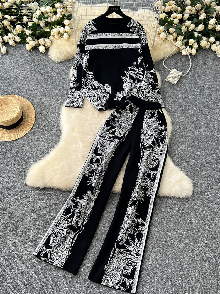 Conjunto Cardigã Jacquard Manga Longa Calça Bianca