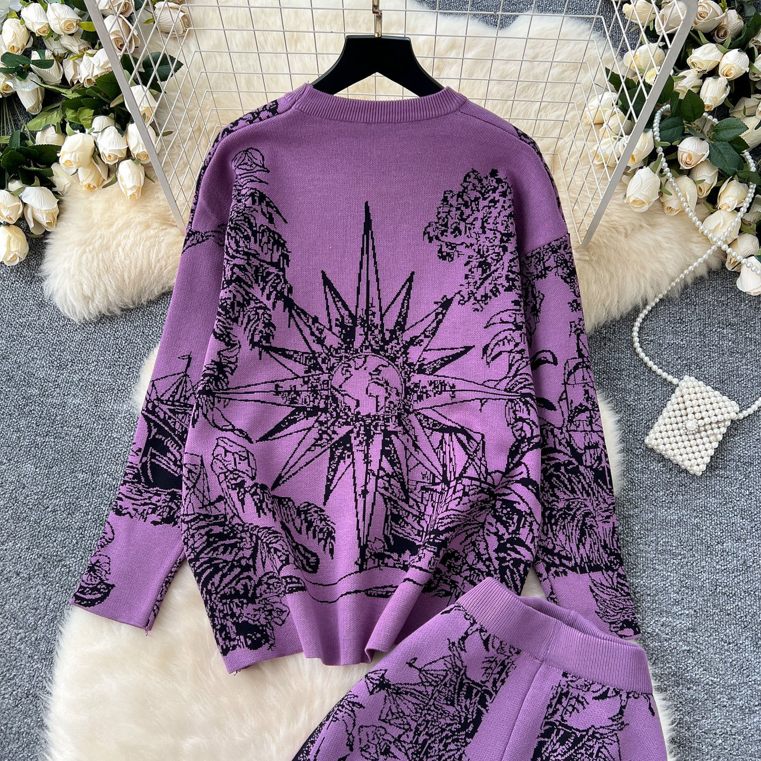 Conjunto Cardigã Jacquard Manga Longa Calça Bianca