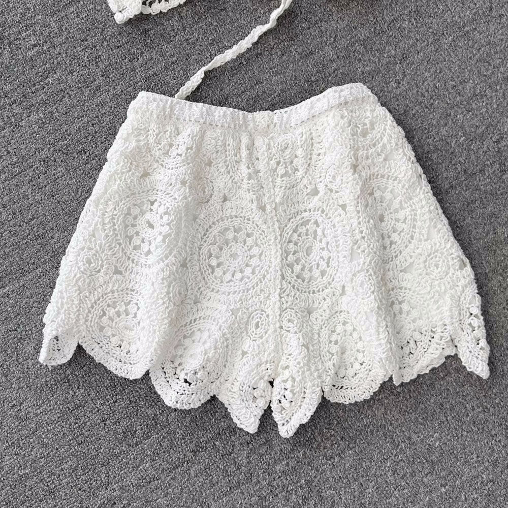Conjunto Cropped Renda Crochê Short Ibiza