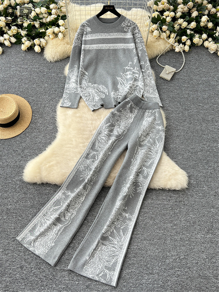 Conjunto Cardigã Jacquard Manga Longa Calça Bianca