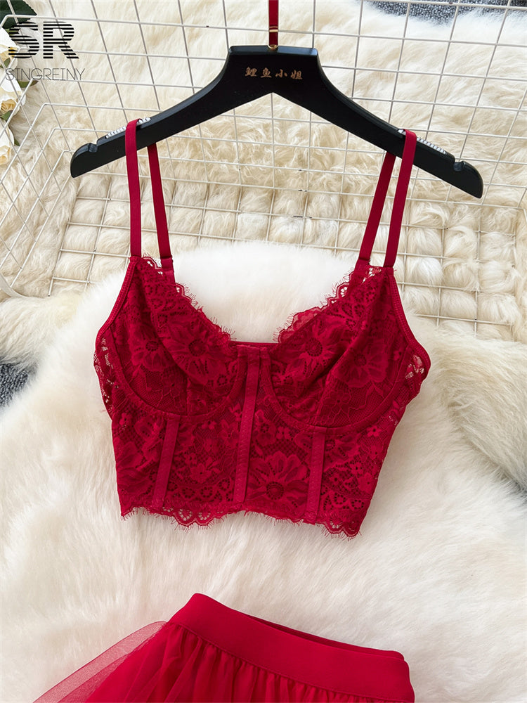 Conjunto Cropped Renda Alça Fina Saia Longa Chloe