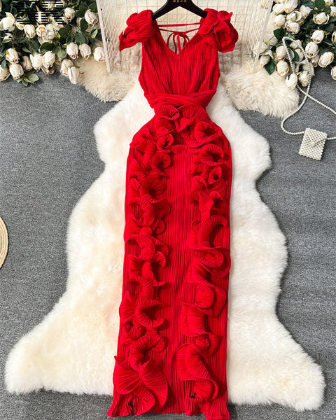 Vestido Longo Sem Manga Babado Decote Redondo Valentina