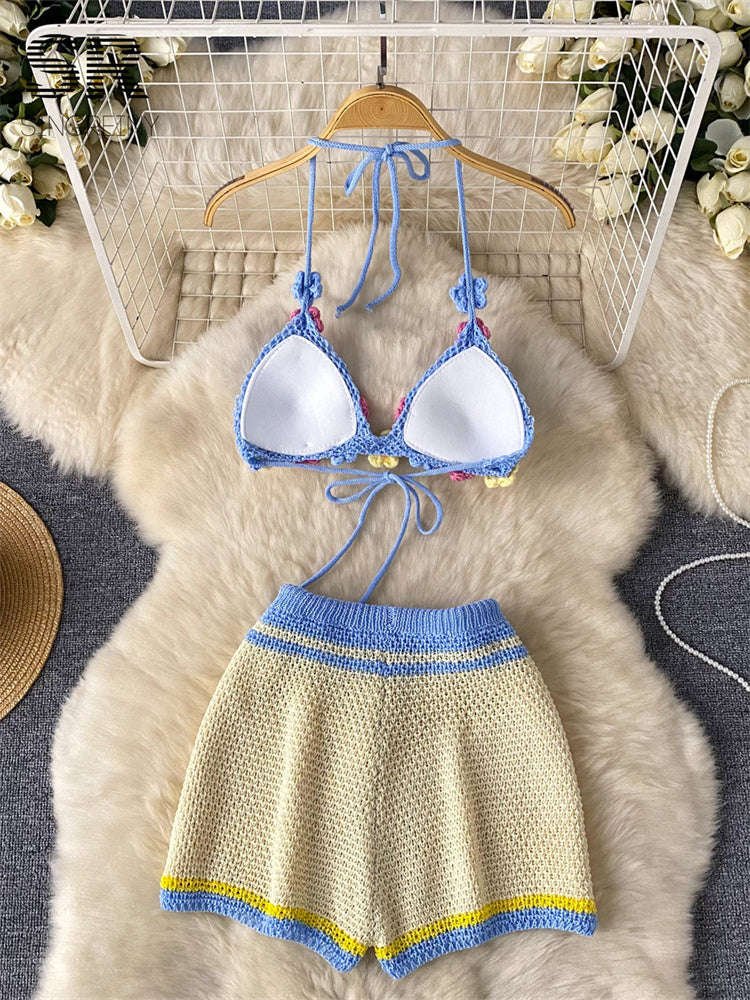 Conjunto Cropped Alça Fina Amarracao Short Tricot Kerolyn