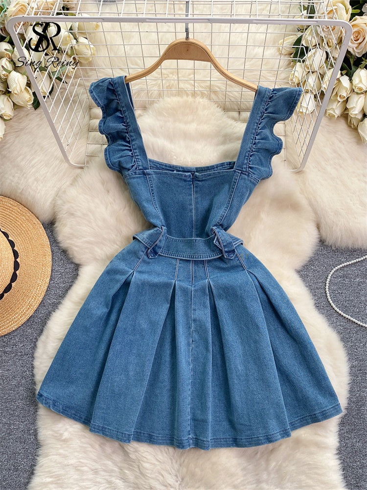 Vestido Curto Alça Babado Jeans Cinto Jasmim