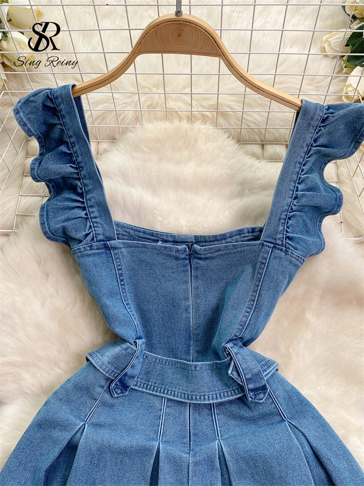 Vestido Curto Alça Babado Jeans Cinto Jasmim
