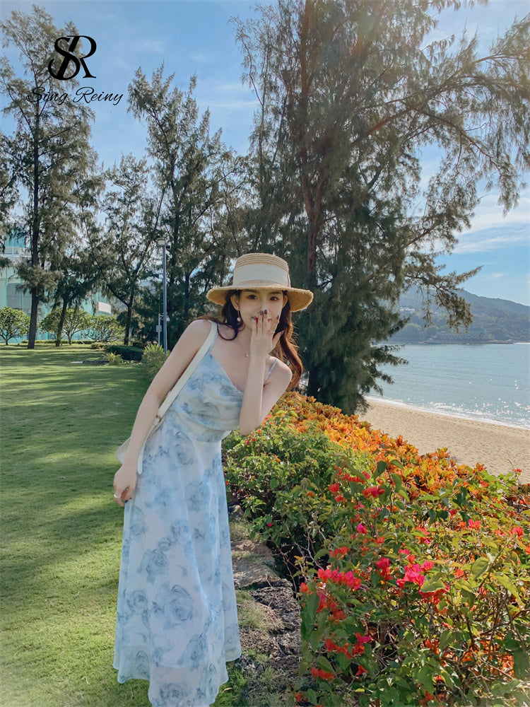 Vestido Longo Alça Fina Estampa Floral Fluido Thuane