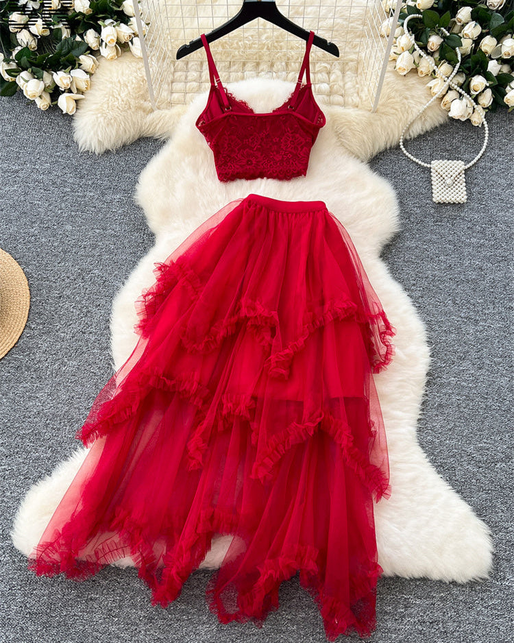 Conjunto Cropped Renda Alça Fina Saia Longa Chloe