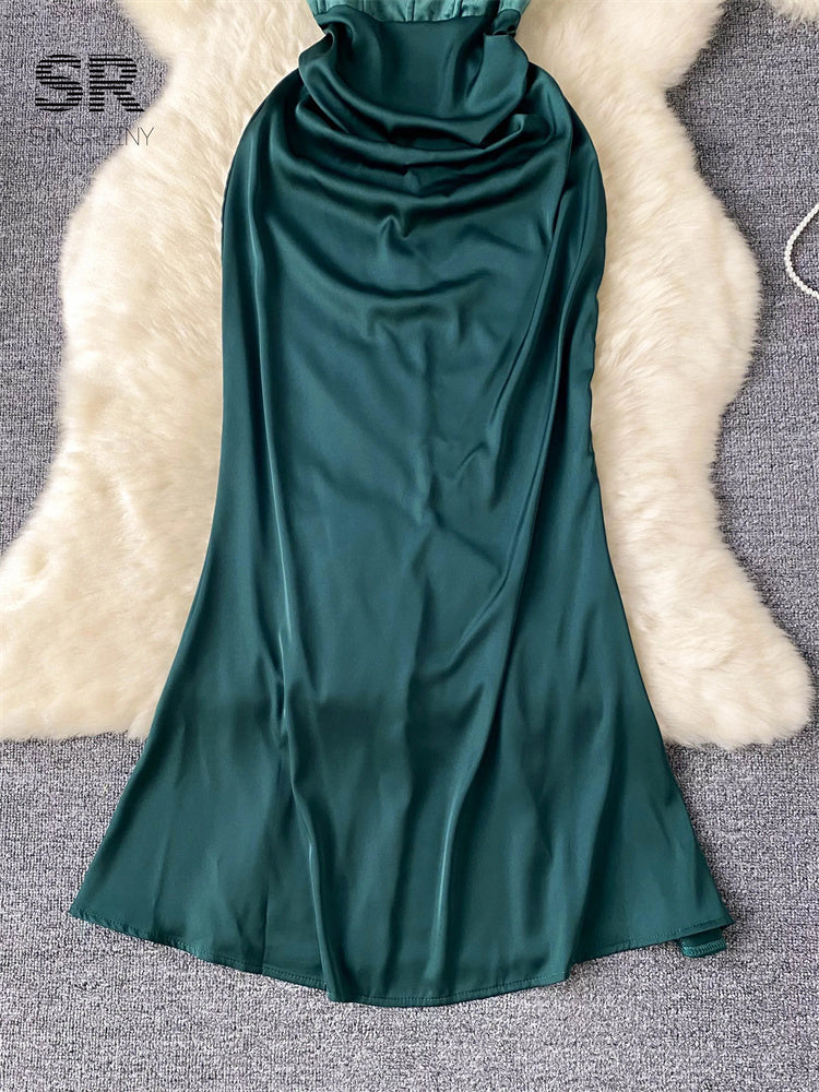 Vestido Longo Justo Alça Fina Costa Aberta Serena