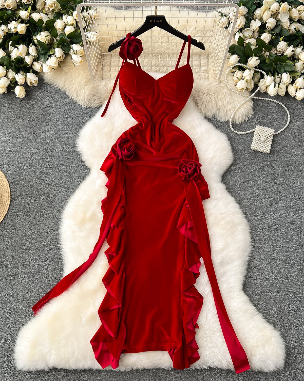 Vestido Longo Alça Fina Babado Fenda Valentina