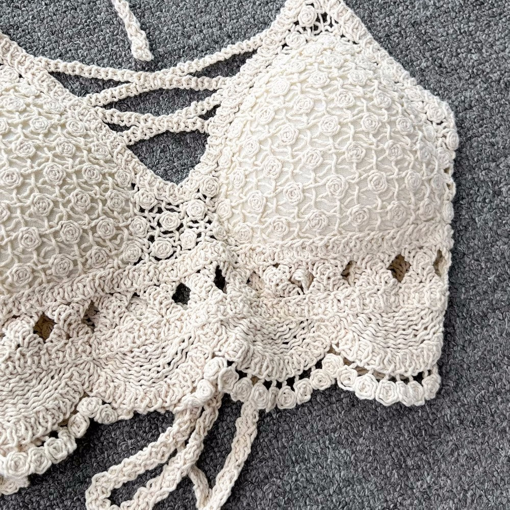 Conjunto Cropped Renda Crochê Short Ibiza