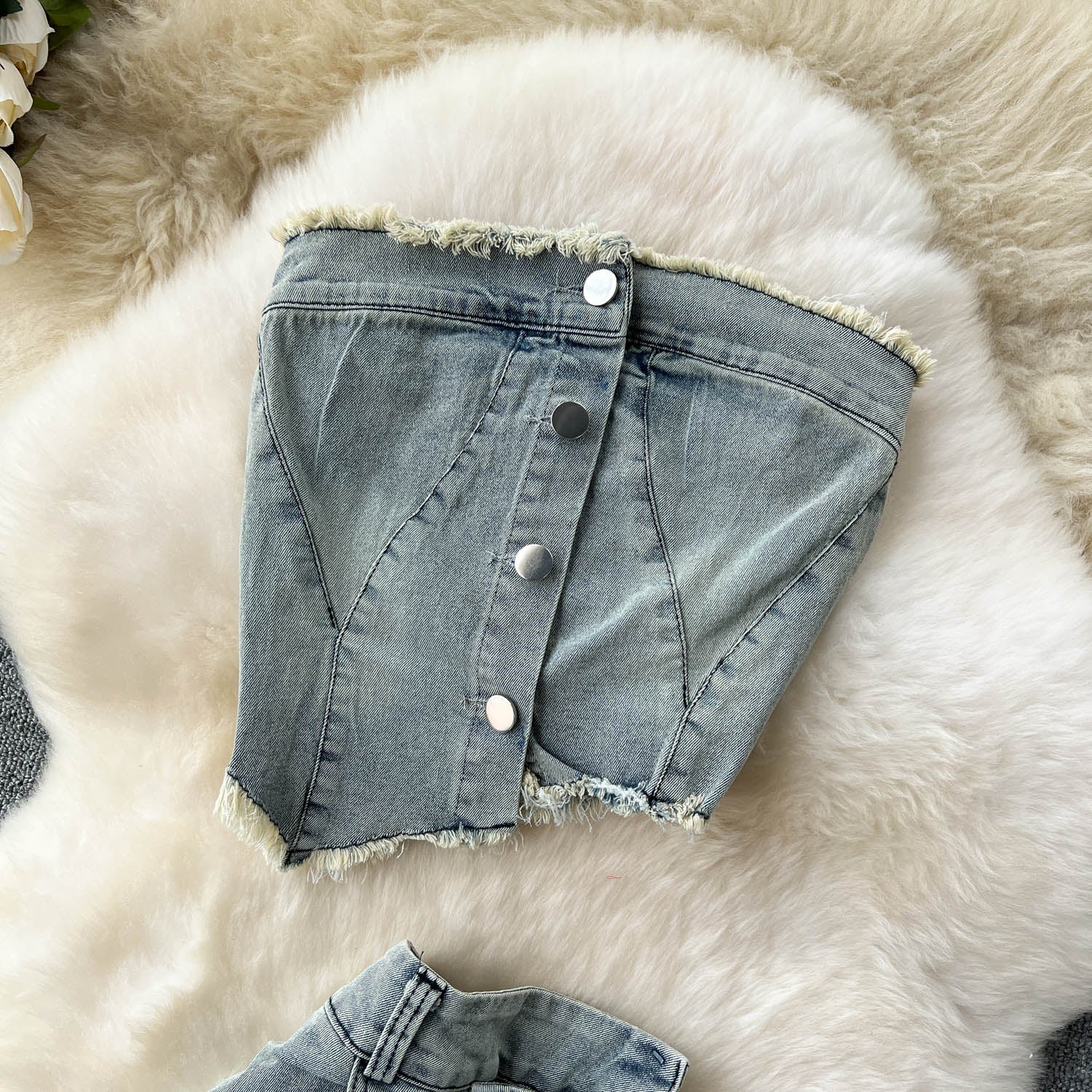 Conjunto Top Tomara Que Caia Saia Longa Fenda Frontal Jeans Íris