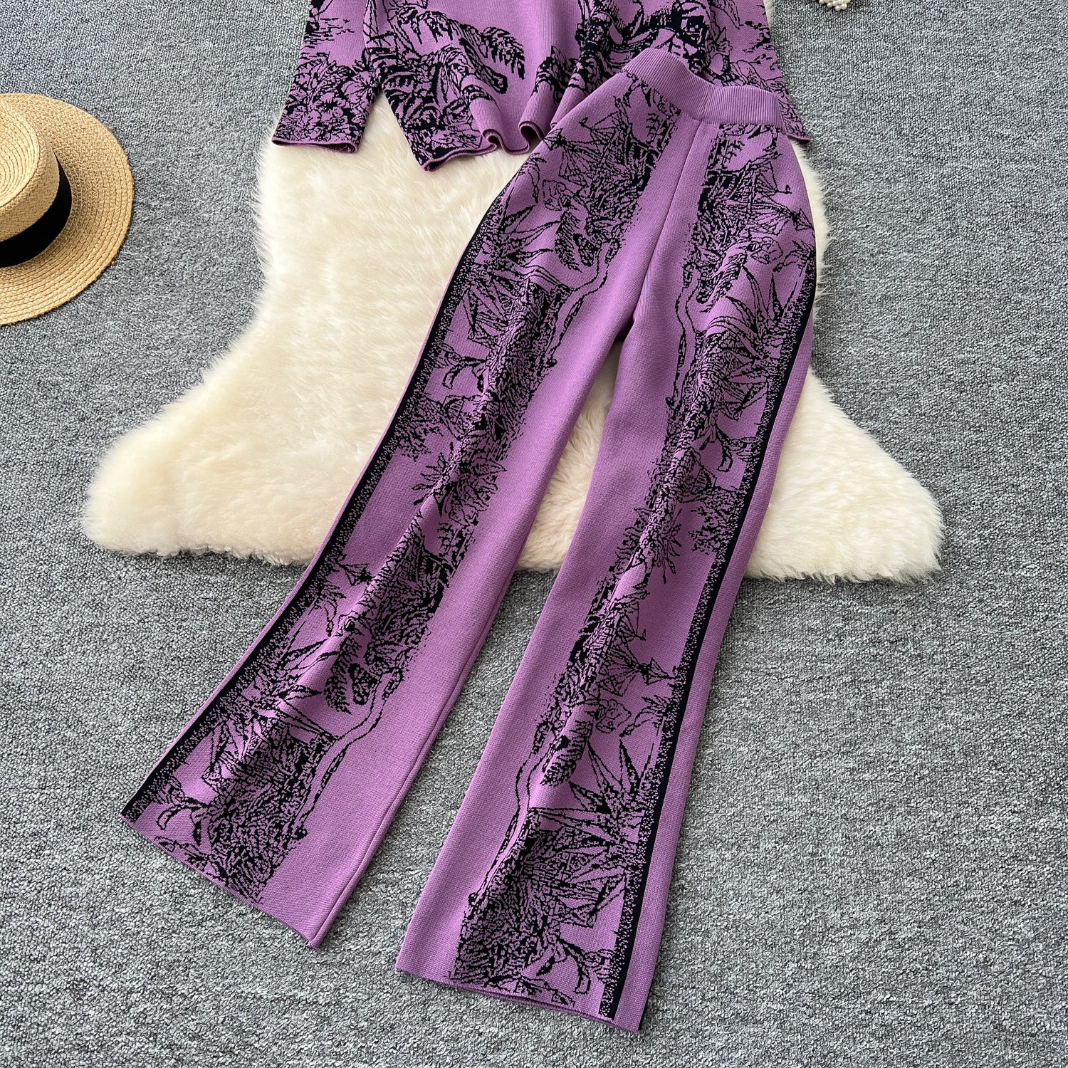 Conjunto Cardigã Jacquard Manga Longa Calça Bianca