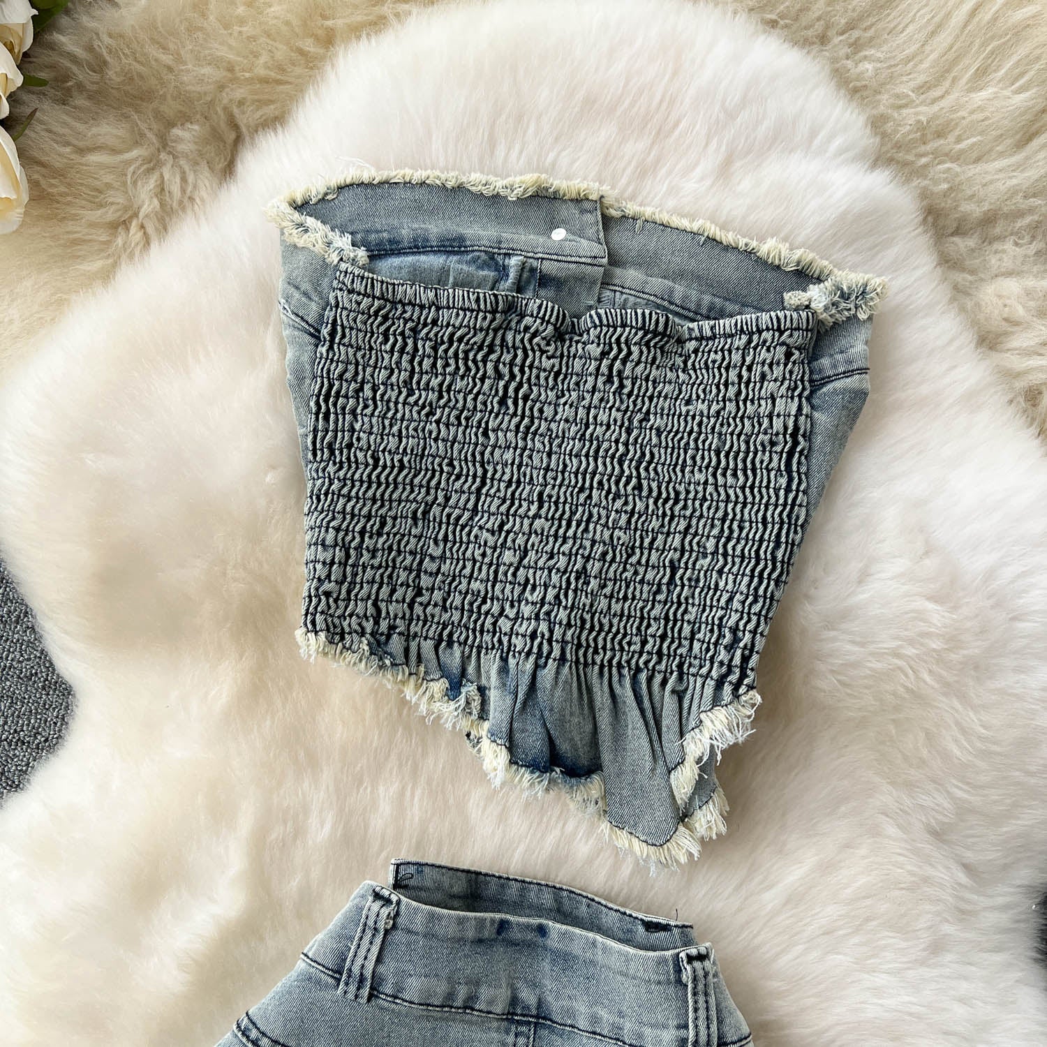Conjunto Top Tomara Que Caia Saia Longa Fenda Frontal Jeans Íris
