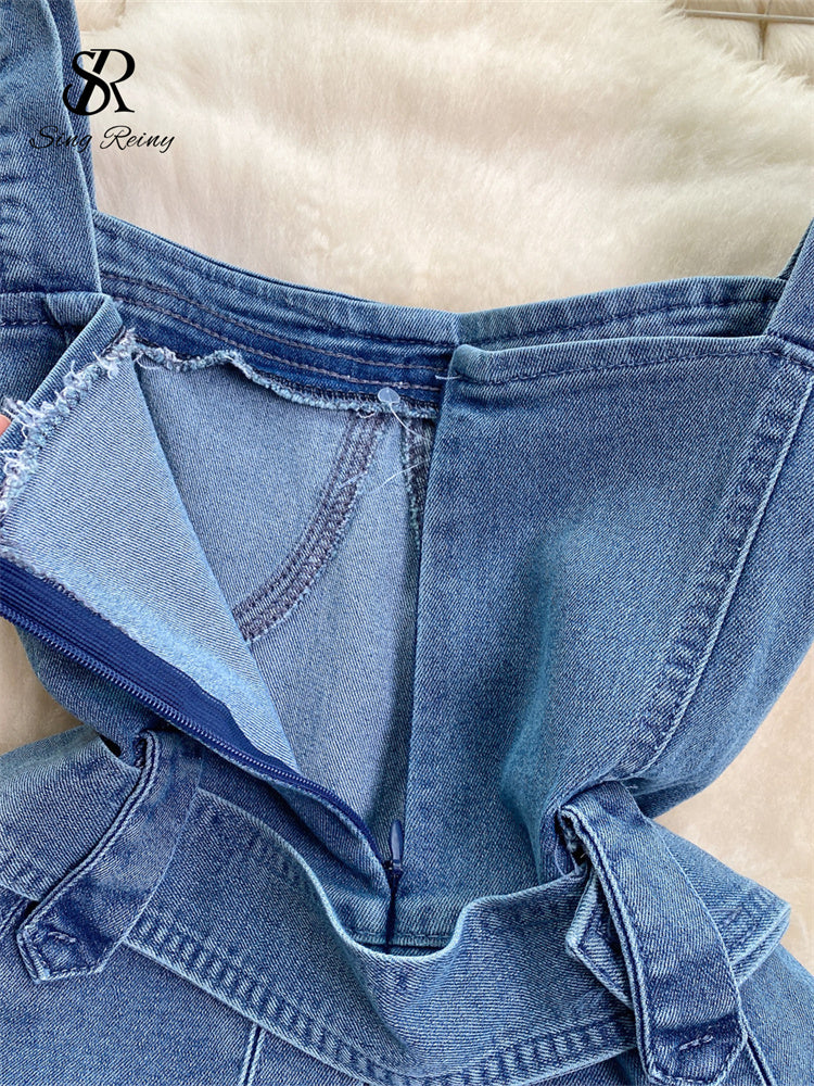 Vestido Curto Alça Babado Jeans Cinto Jasmim