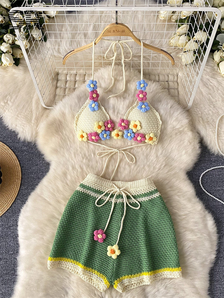 Conjunto Cropped Alça Fina Amarracao Short Tricot Kerolyn