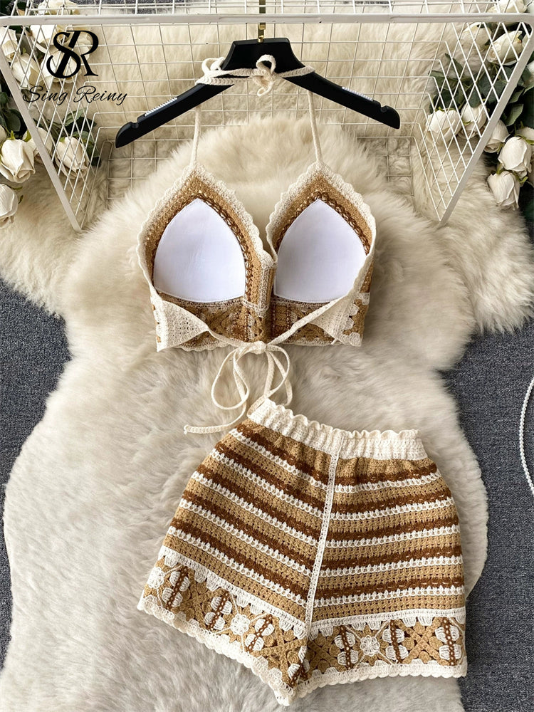 Conjunto Tricot Cropped Listrado Alça Fina Short Tuane