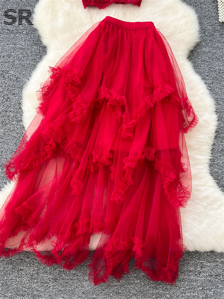 Conjunto Cropped Renda Alça Fina Saia Longa Chloe