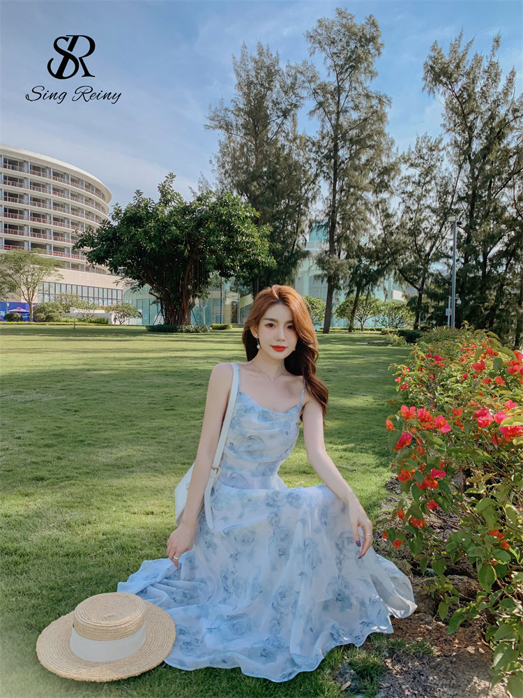 Vestido Longo Alça Fina Estampa Floral Fluido Thuane