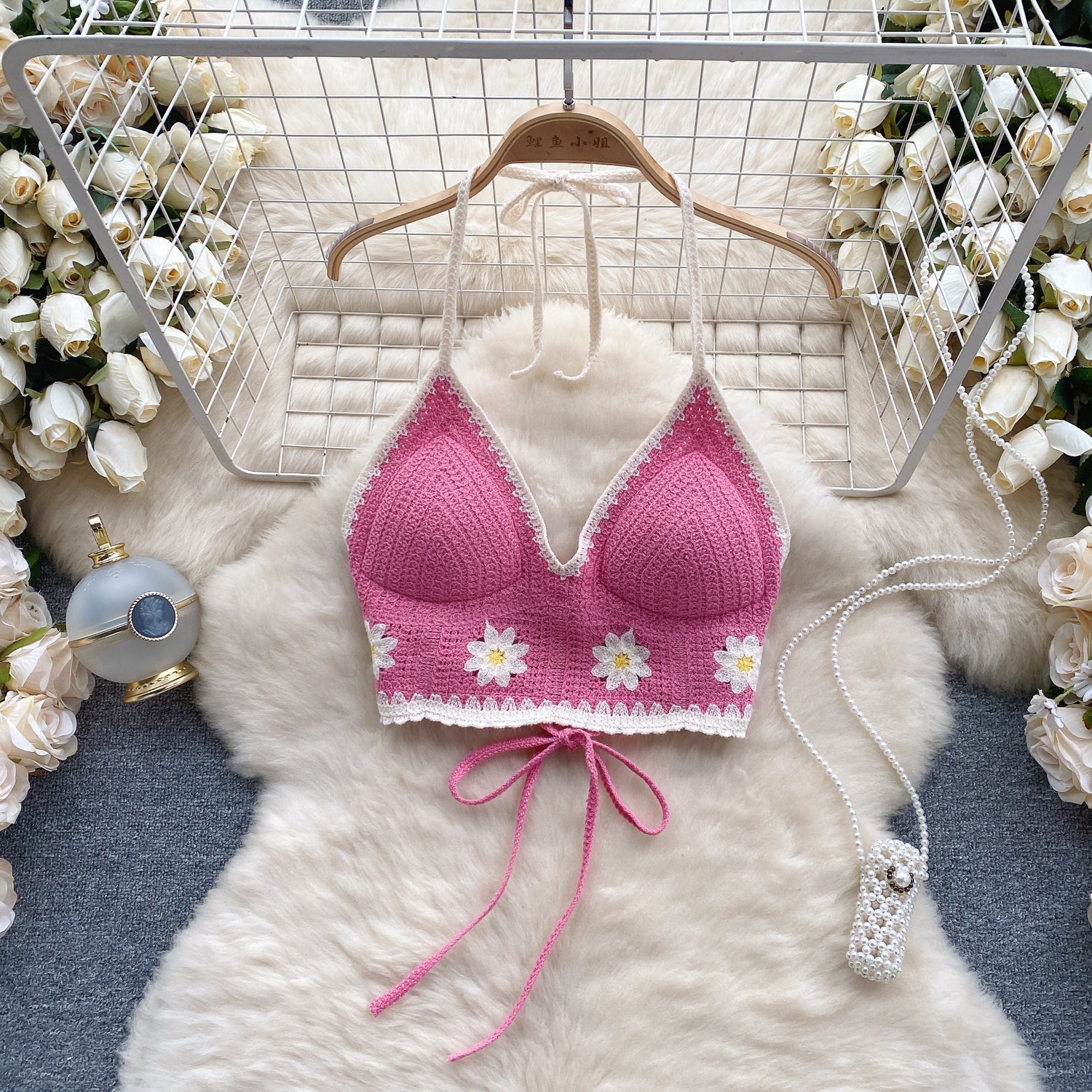 Top Tricô Floral Alça Fina Aurora