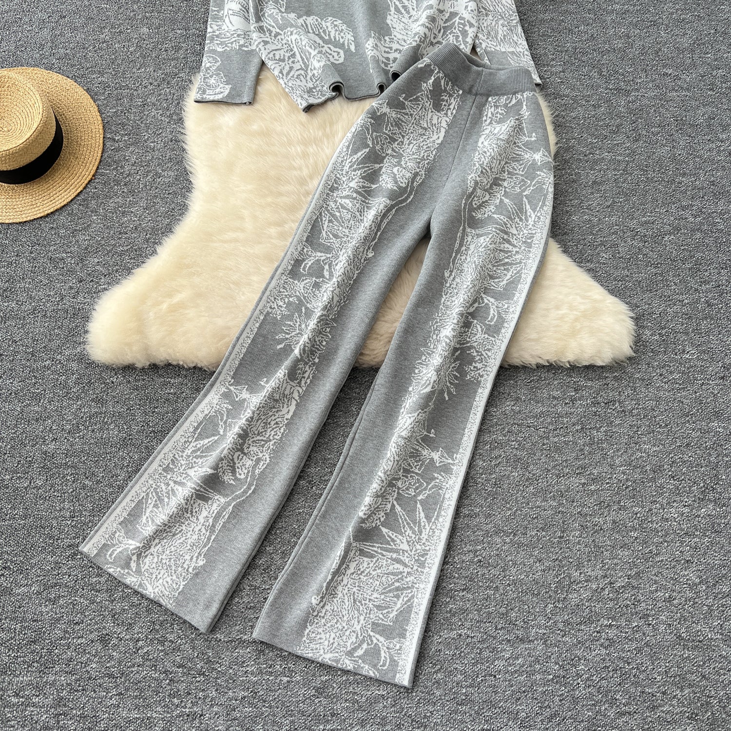 Conjunto Cardigã Jacquard Manga Longa Calça Bianca