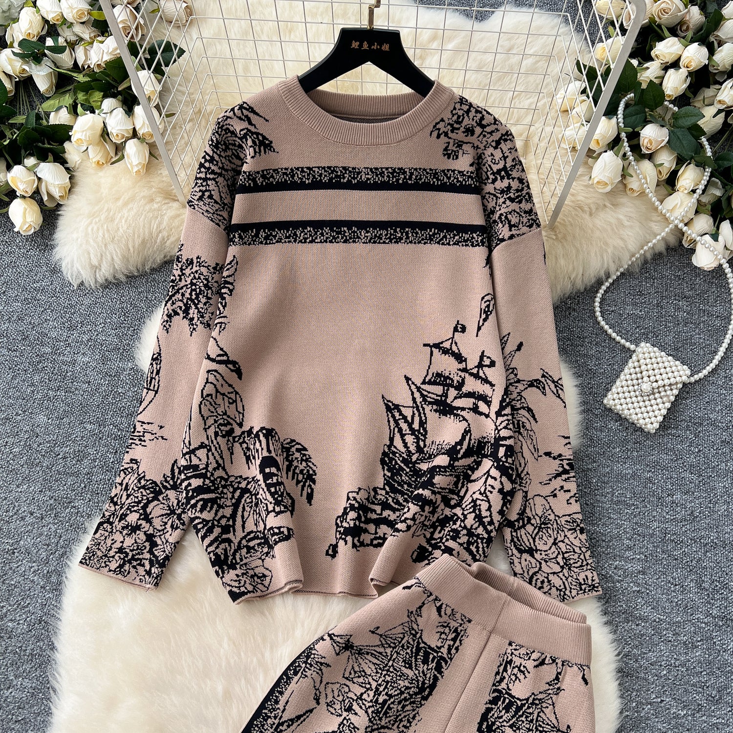 Conjunto Cardigã Jacquard Manga Longa Calça Bianca