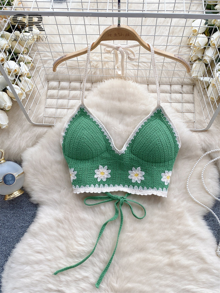 Top Tricô Floral Alça Fina Aurora