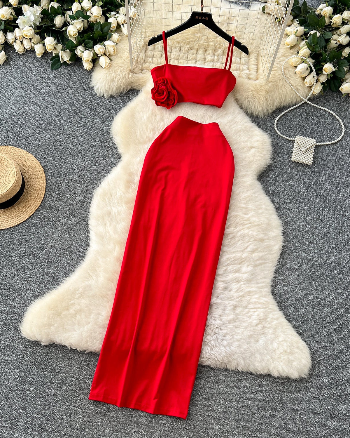 Conjunto Cropped Flor Alça Fina Calça Longa Bianca