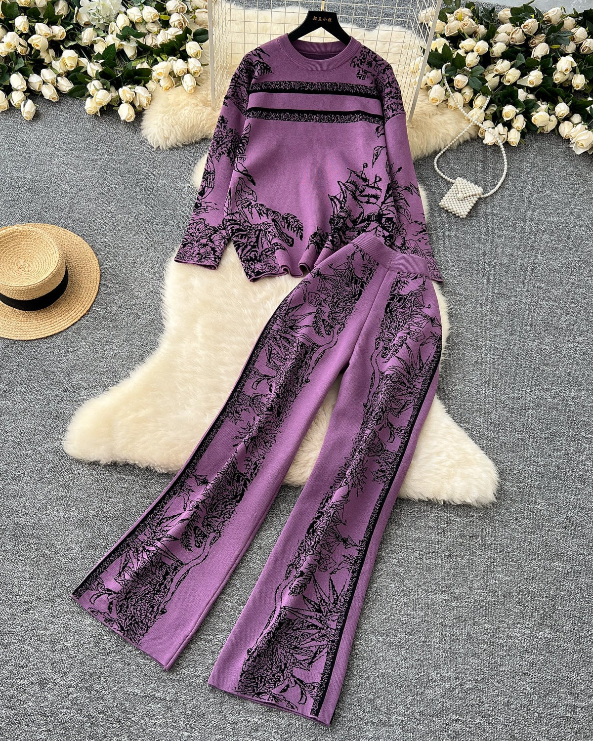 Conjunto Cardigã Jacquard Manga Longa Calça Bianca