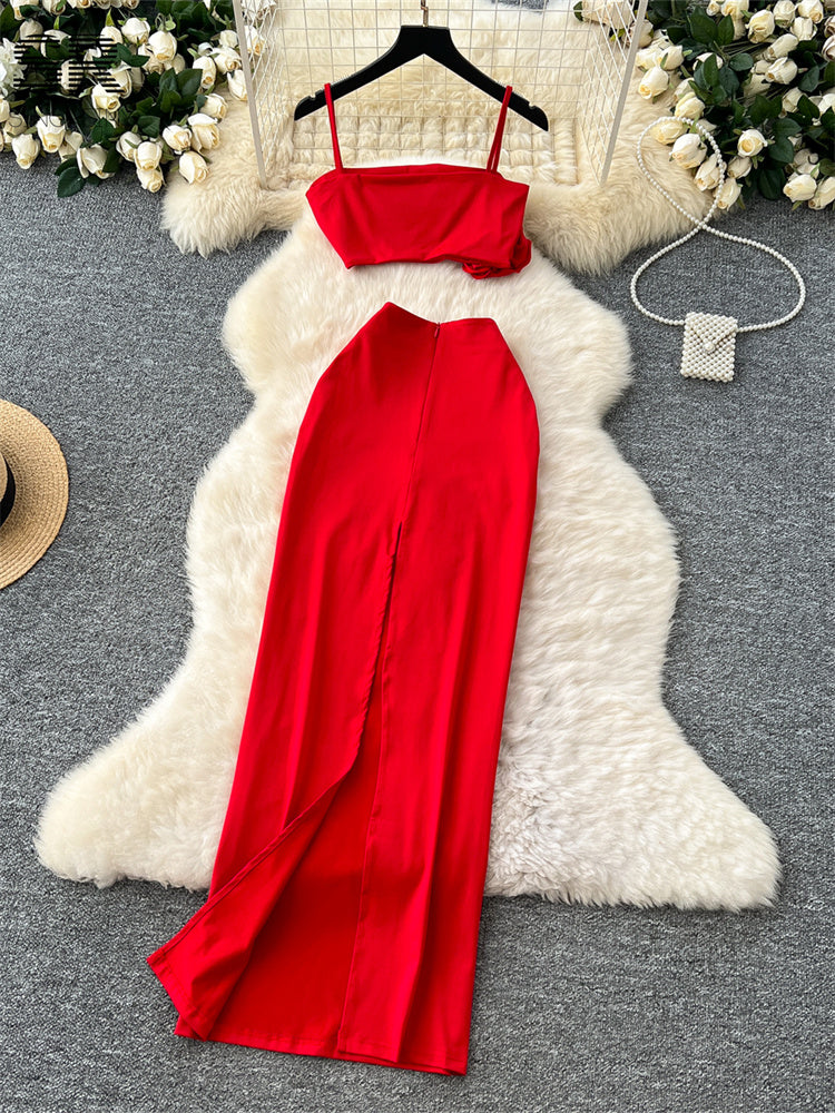 Conjunto Cropped Flor Alça Fina Calça Longa Bianca