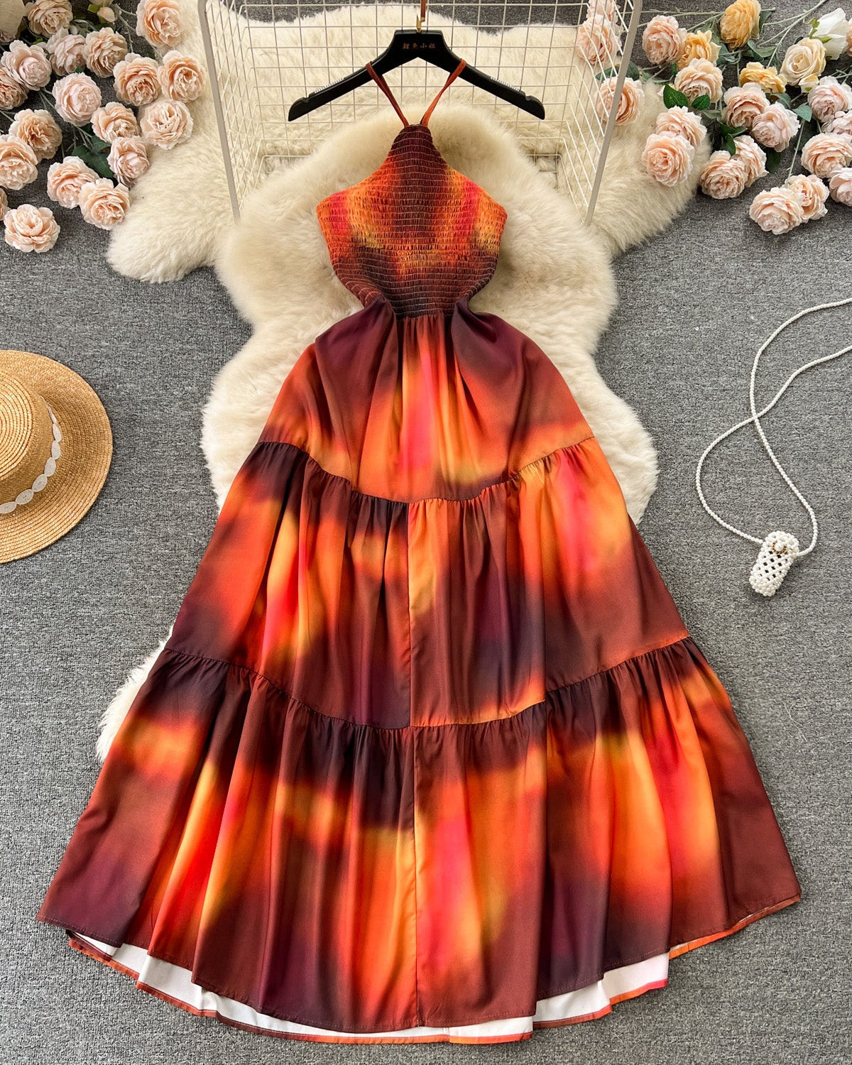 Vestido Longo Decote Halter Babado Costa Aberta Valentina