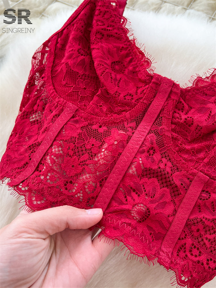 Conjunto Cropped Renda Alça Fina Saia Longa Chloe