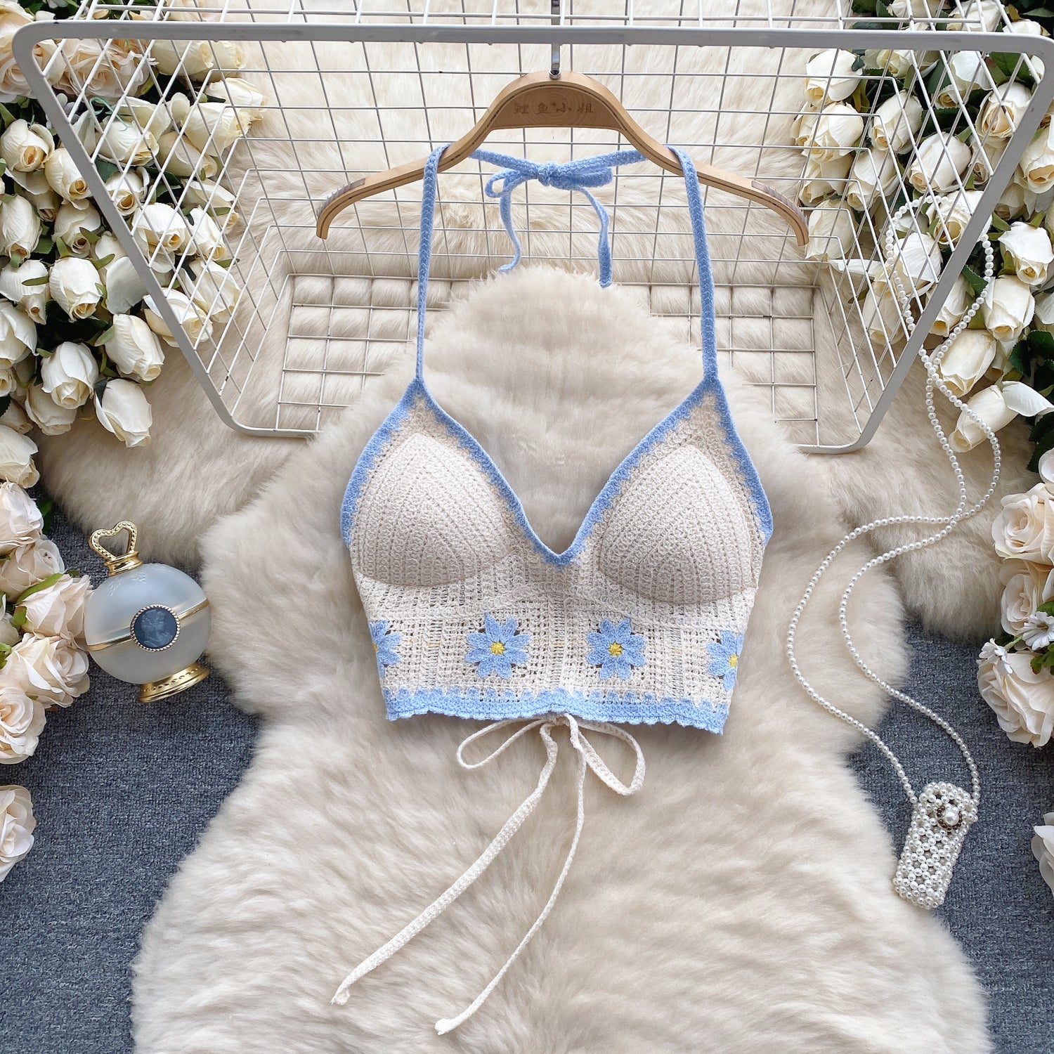 Top Tricô Floral Alça Fina Aurora