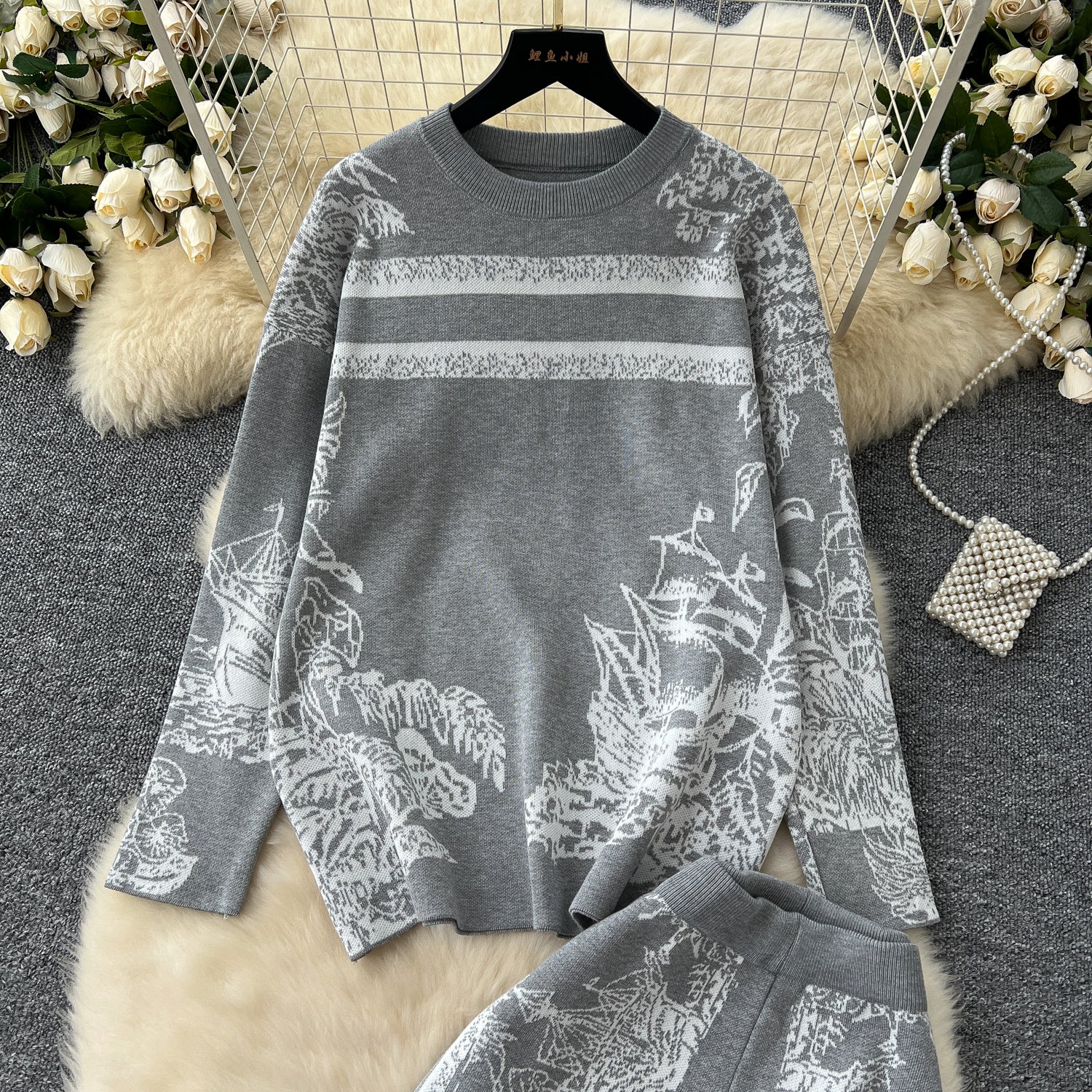 Conjunto Cardigã Jacquard Manga Longa Calça Bianca