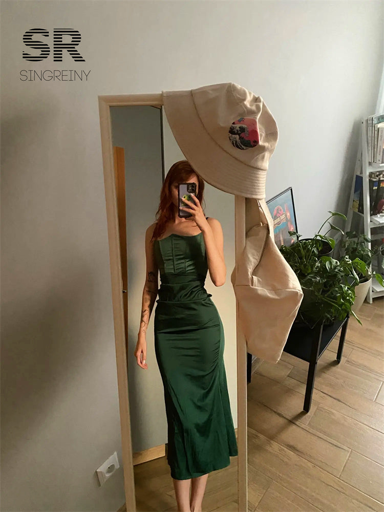 Vestido Longo Justo Alça Fina Costa Aberta Serena