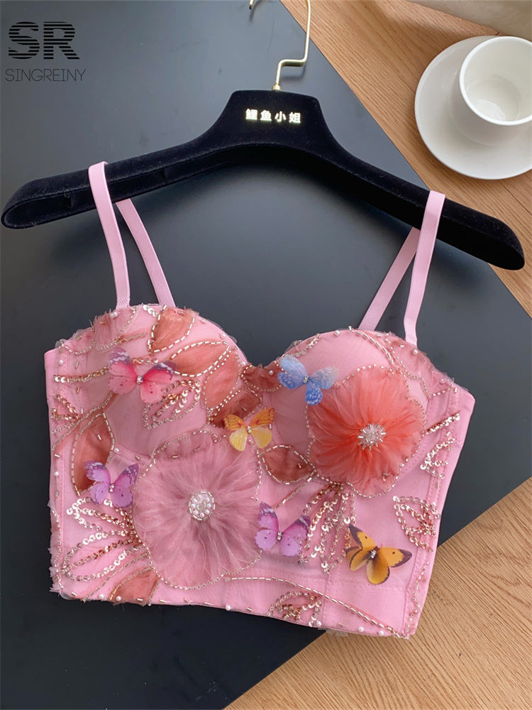 Cropped Bordado Floral Alça Fina Chloe