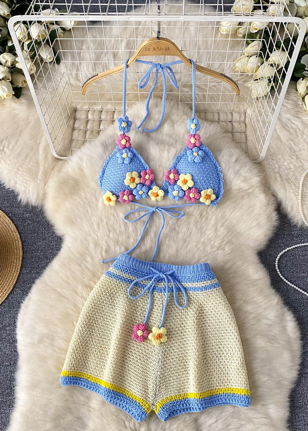 Conjunto Cropped Alça Fina Amarracao Short Tricot Kerolyn