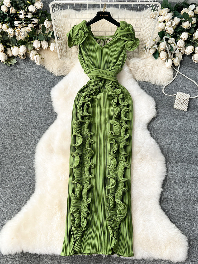 Vestido Longo Sem Manga Babado Decote Redondo Valentina