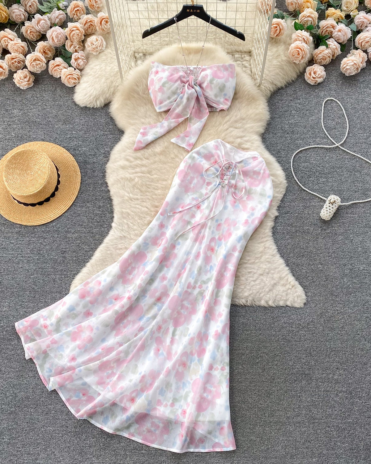 Conjunto Cropped Floral Amarração Saia Longa Athena