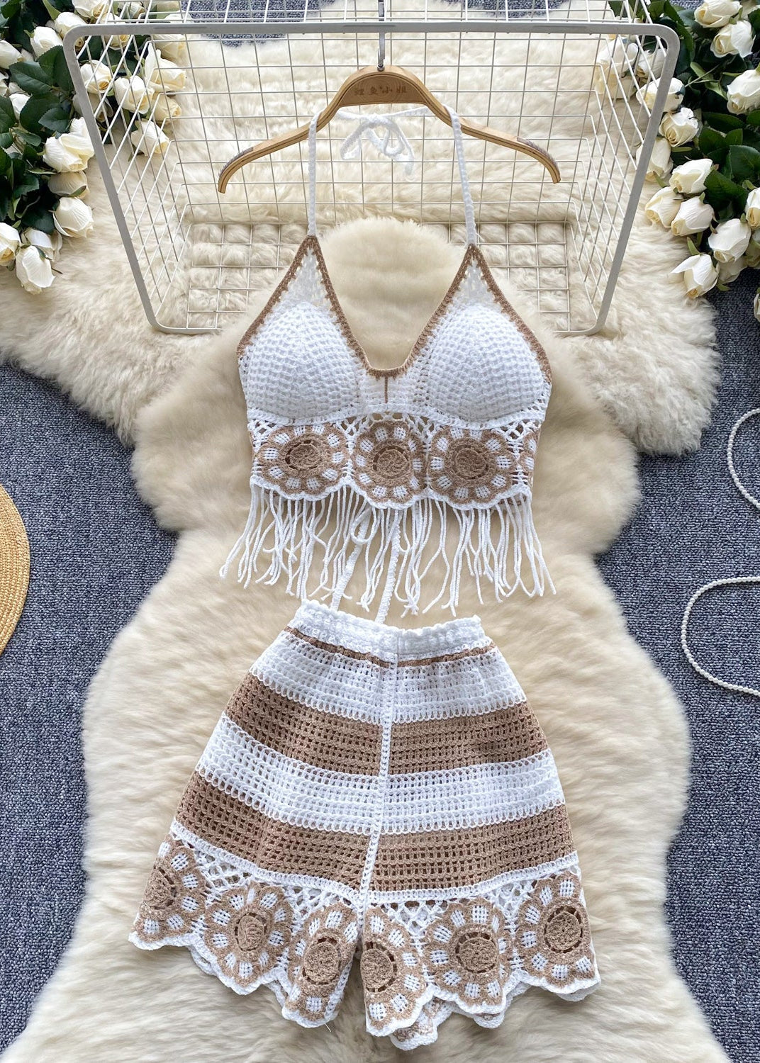 Conjunto Cropped com Franjas Short Tricot Bianca